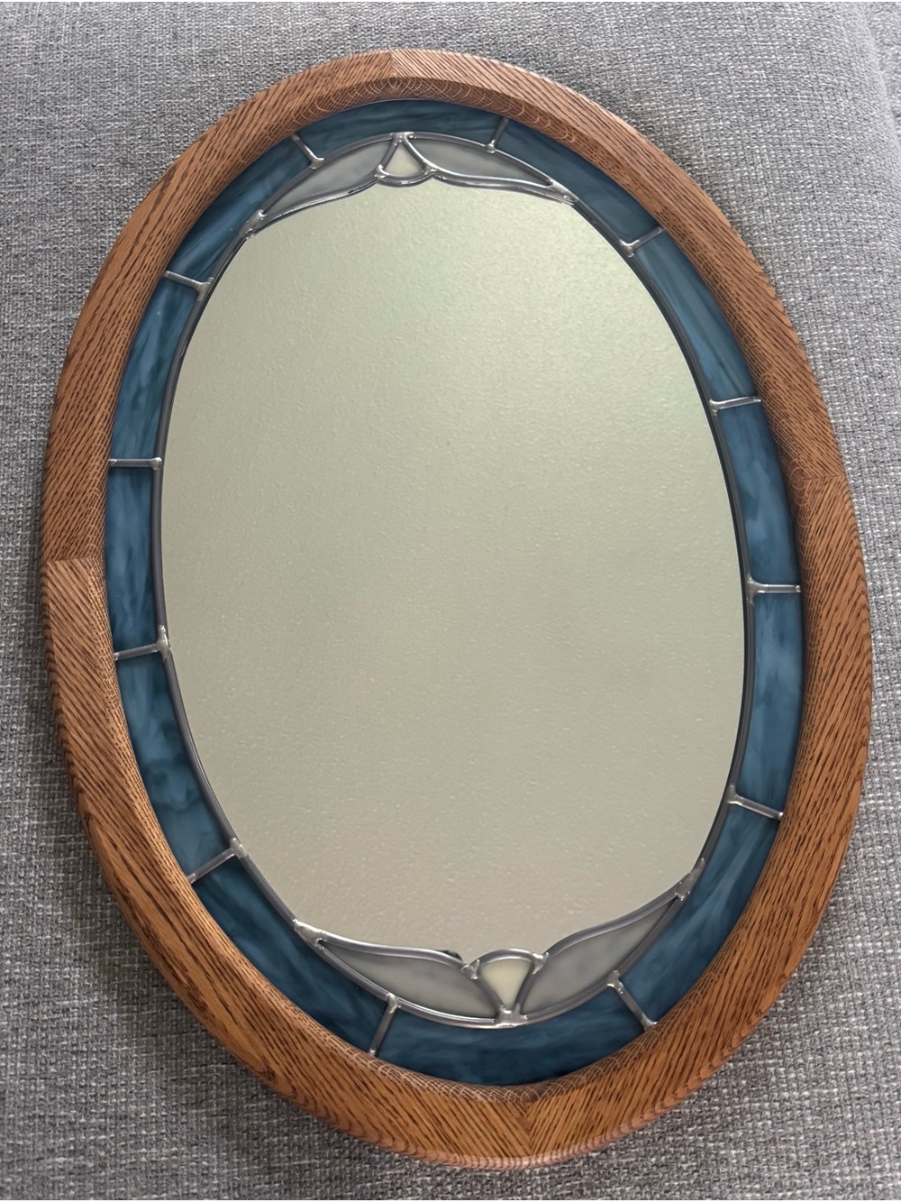 VTG Handmade Oval Solid Wood Framed Stained Glass Mirror Blue/White/Gray